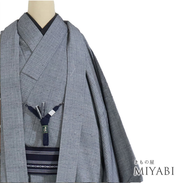 アンサンブル 男物 リサイクル 身丈148.2cm 裄76.4cm 羽織丈99cm 袷 大島紬 ゆったり ネイビー Mサイズ お洒落 カジュアル しつけ糸 正絹 棒衿 Sランク